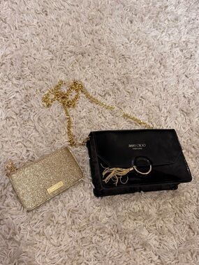 Jimmy Choo Black Patent Crossbody Pouch Clutch with Gold Glitter Cardholder